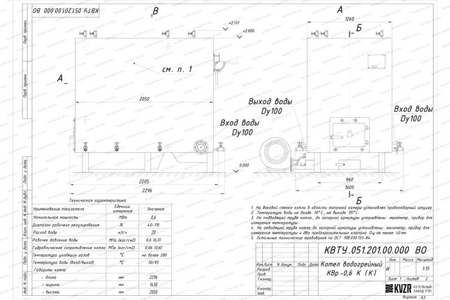 Котел 0.6 МВт твердотопливный с колосниками чертеж
